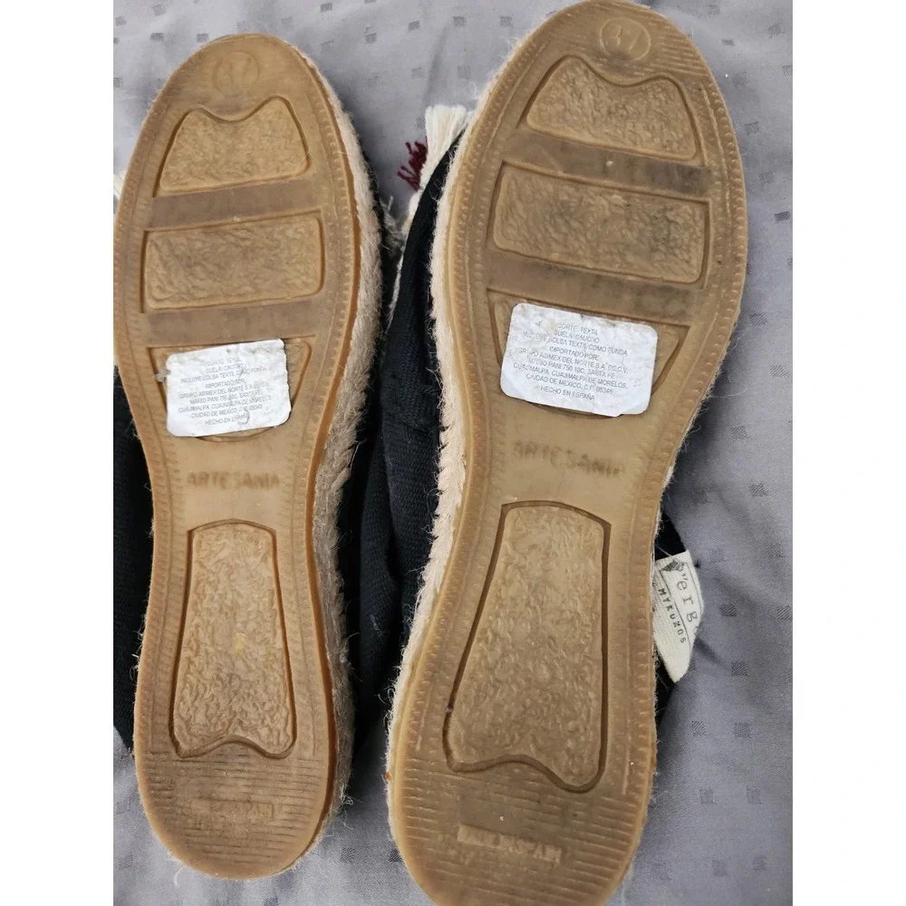 Ergon Mykonos Espadrilles Black Canvas Fringe Gold Coin Flats Spain Size 37 US 7